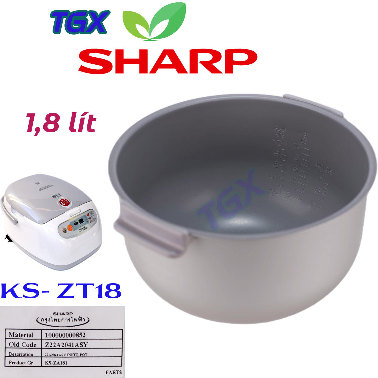 Lòng nồi cơm điện SHARP chính hãng KS-ZT18/ KS-ZA181 1.8 Lít