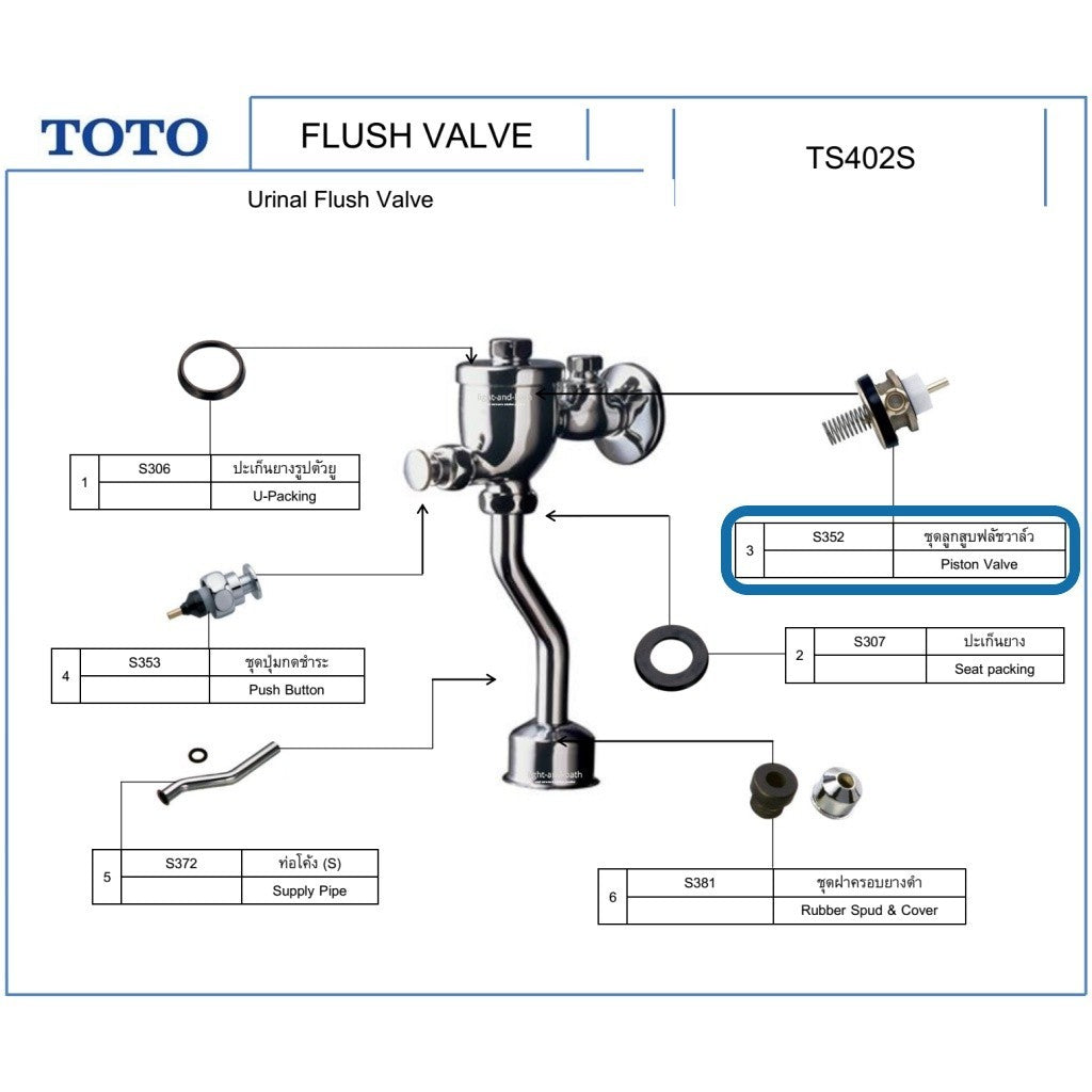 Bộ Piston Van Xả TOTO SFT9U014 (Thay thế S352 / S352TT) - Dùng cho Van Xả Tiểu Nam TS402